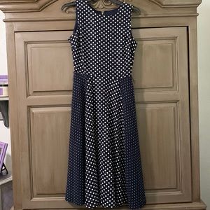 Danny and Nicole navy polka dot dress